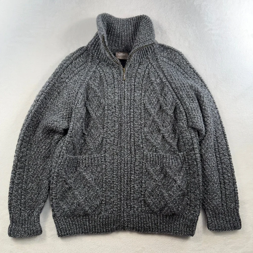 Aran Woollen Mills Mens XS Cardigan Sweater Merino Wool Full Zip Cable Oversized